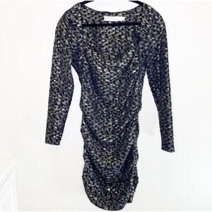 T-Bags Los Angeles Gold Black Long Sleeve Ruched Wiggle Dress